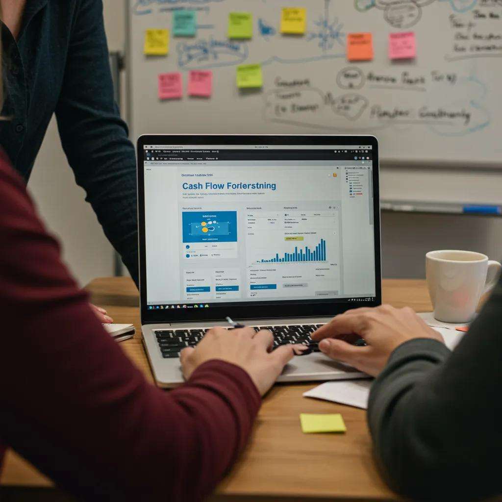 Business team in Leicester collaborating on cash flow forecasting tools in a cozy office environment