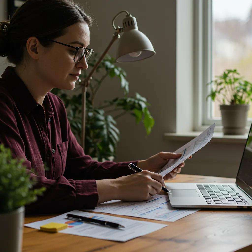 Small business owner in Leicester managing cash flow with financial documents and a laptop in a cozy workspace