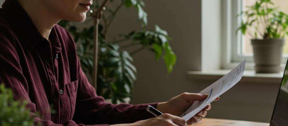 Small business owner in Leicester managing cash flow with financial documents and a laptop in a cozy workspace